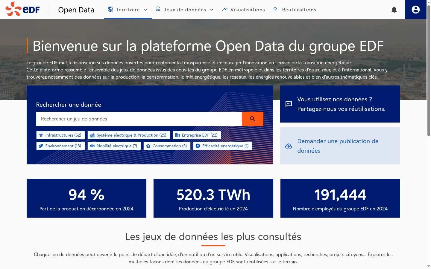 Page d'accueil du portail open data du groupe EDF