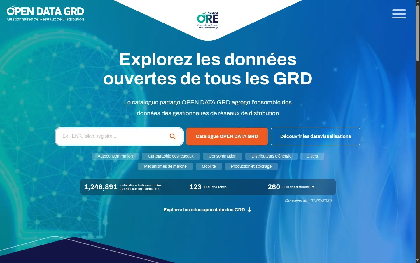 Page d'accueil du portail OPEN DATA GRD de l'Agence ORE