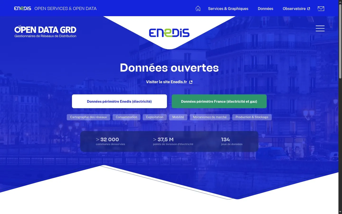 Page d'accueil des données ouvertes d'Enedis